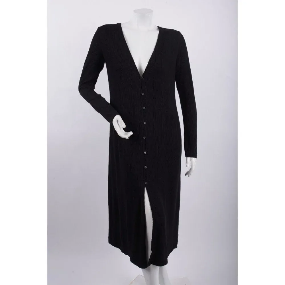 Zara Womens Ribbed Midi Dress S Black Long Sleeve Button Front 1067/491 NWT